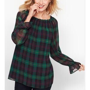 Women's TALBOTS Tartan Plaid Popover Top Shirt Blouse Navy Green Size Small